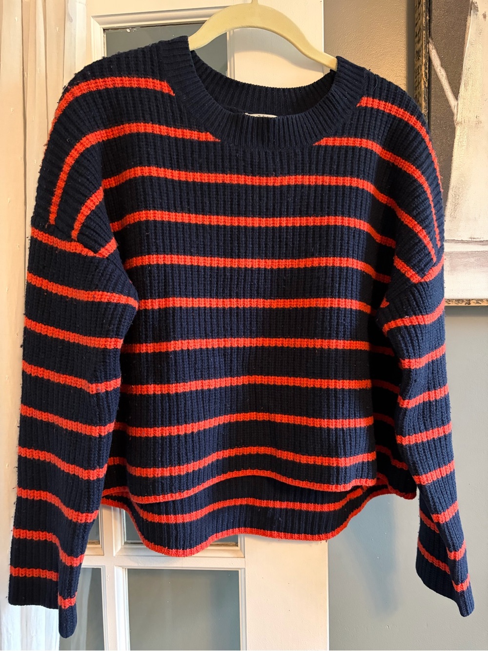A.L.C. Navy and Red Striped Ribbed Crewneck Sweater 100% wool